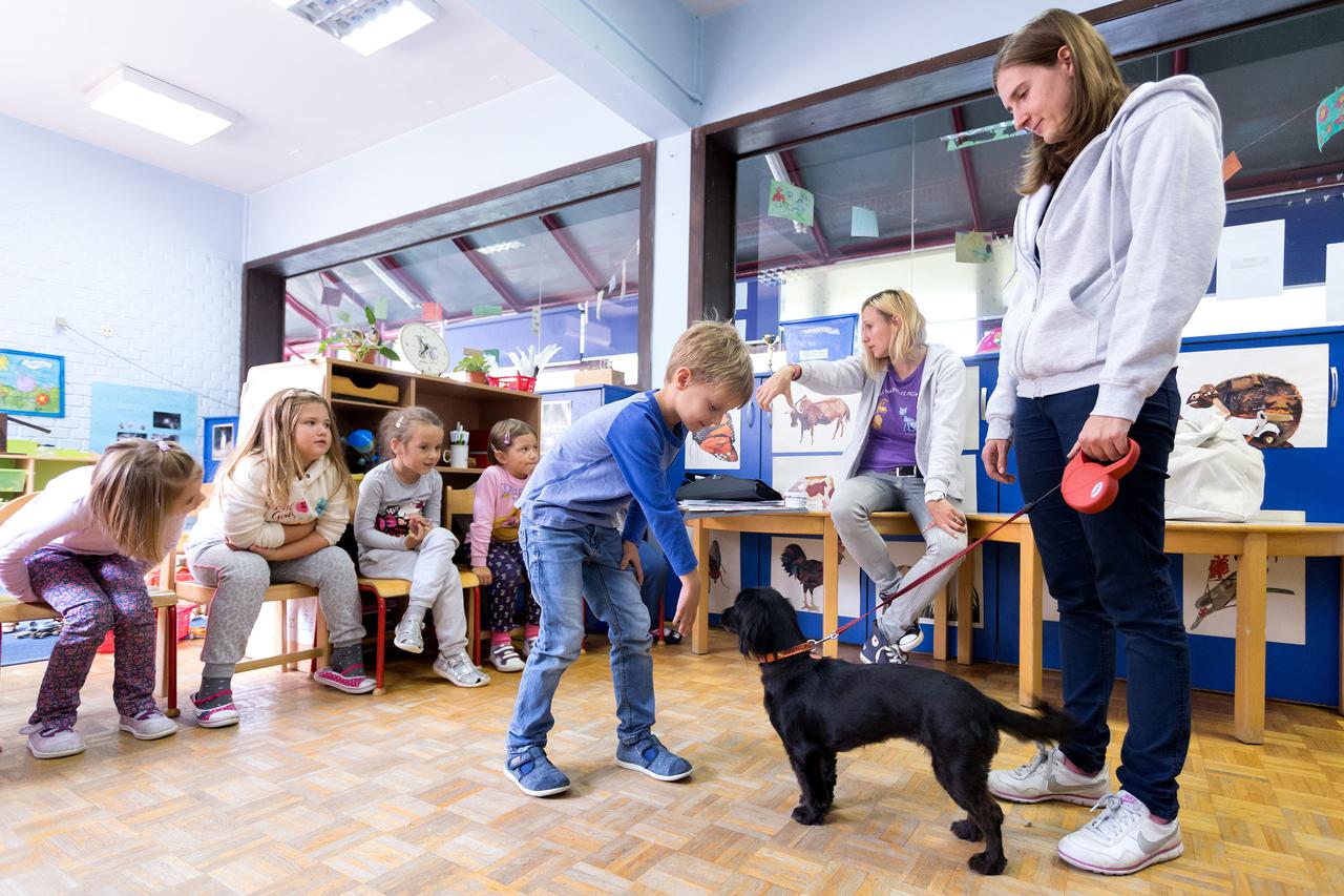 29.09.2014., Zagreb -  U Djecjem vrticu Srednjaci djeca iz vrticke grupe Runolist zapocela su s obiljezavanjem Medjunarodnog dana zastite zivotinja. Tihana Pevec i Petra Bajan iz Sklonista za nezbrinute zivotinje Grada Zagreba - Dumovec uz pomoc psa Sisi,