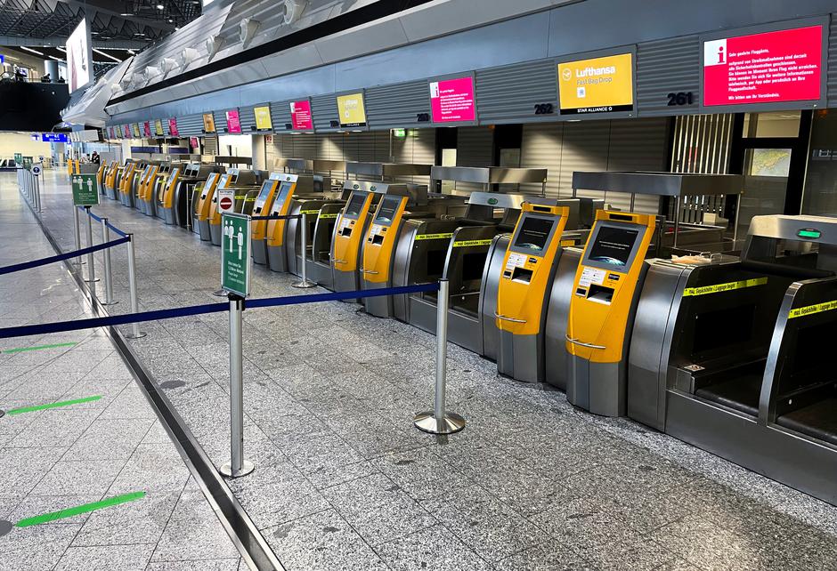Empty counters of German airlines Lufthansa during a strike of security staff in Frankfurt