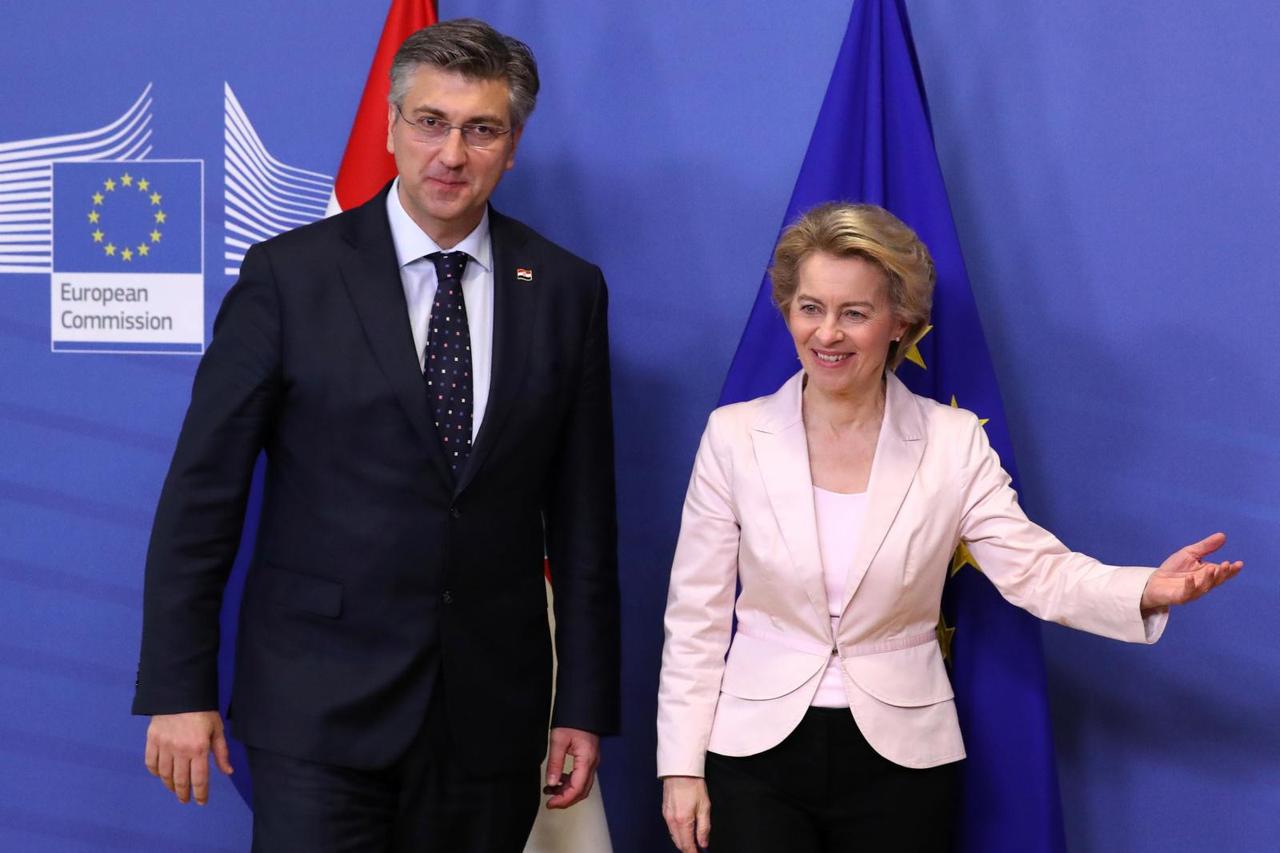 Croatia's Prime Minister Andrej Plenkovic is welcomed by European Commission President Ursula von der Leyen at the EU Commission headquarters in Brussels