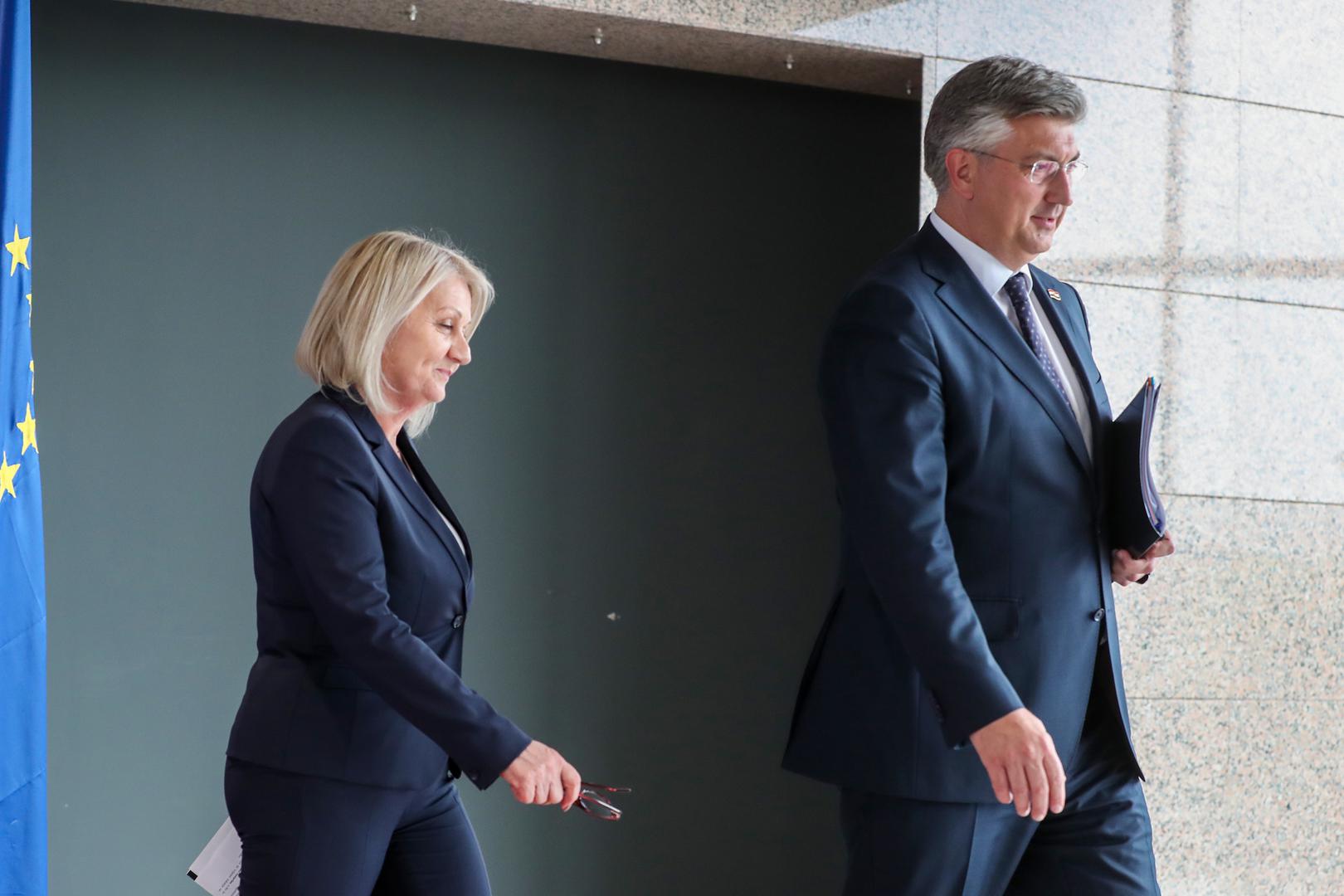 20.06.2023., Zagreb - Konferencija za medije nakon zajednicke sjednice Vlade Republike Hrvatske i Vijeca ministara Bosne i Hercegovine u Nacionalnoj i sveucilisnoj knjiznici. predsjedateljica Vijeca ministara BiH Borjana Kristo, predsjednik Vlade RH Andrej Plenkovic Photo: Matija Habljak/PIXSELL