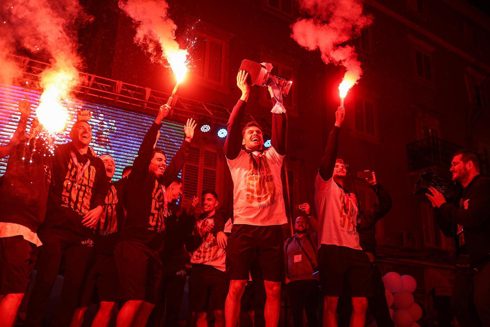 25.05.2025., Rijeka - HNK Rijeka postala je prvak Hrvatske te su igraci stigli na Korzo kako bi proslavili naslov s navijacima. Photo: Nel Pavletic/PIXSELL