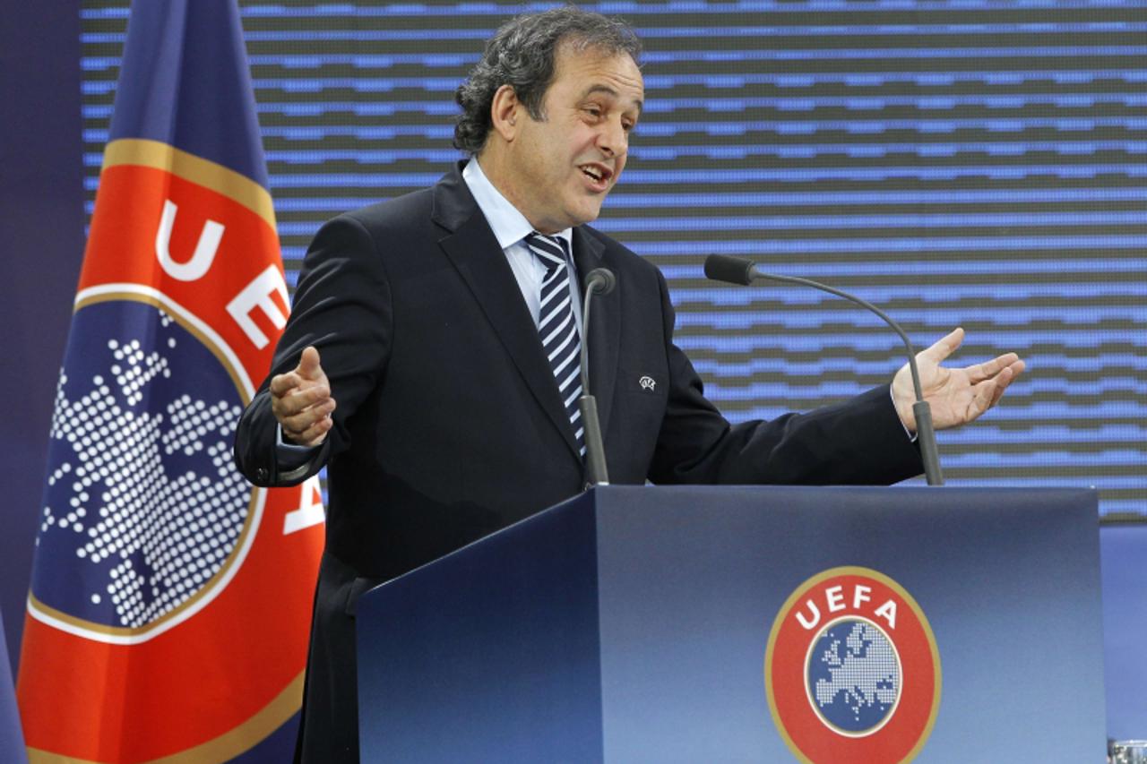 'UEFA (European football union) President, French Michel Platini delivers a speech, on March 22, 2011 at the Grand Palais in Paris, during the 35th UEFA congress, which is due to elect this afternoon 
