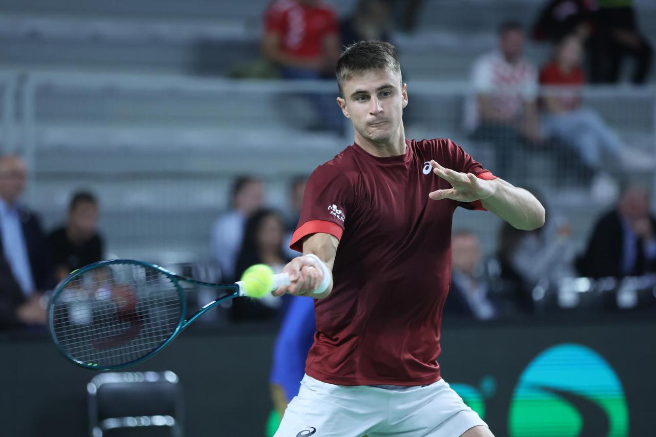 Varaždin: Duje Ajduković i Edas Butvilas u drugom meču Davis cupa između Hrvatske i Litve