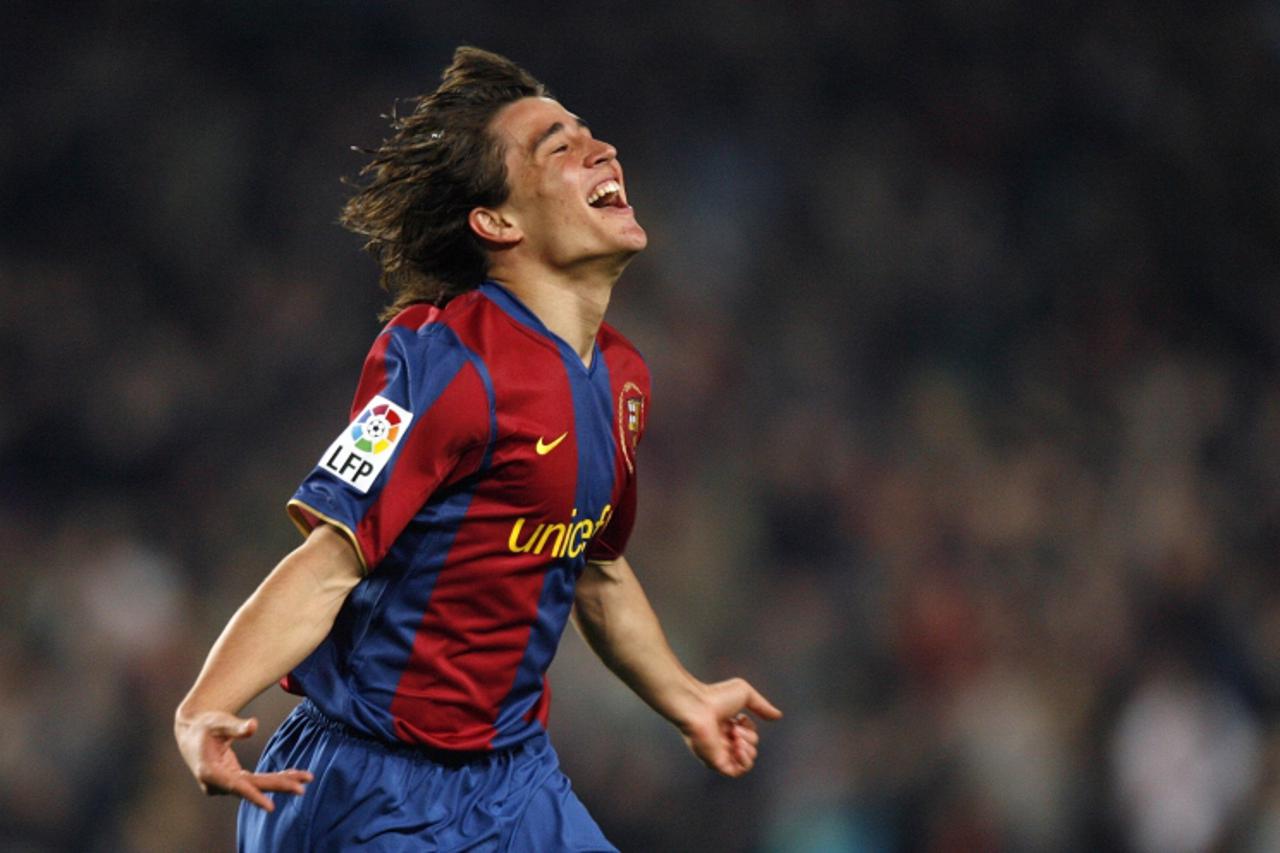 \'Barcelona\'s Bojan Krkic celebrates a goal against Recreativo Huelva during their Spanish first division soccer match at Camp Nou Stadium in Barcelona, November 24, 2007. REUTERS/Albert Gea (SPAIN)\