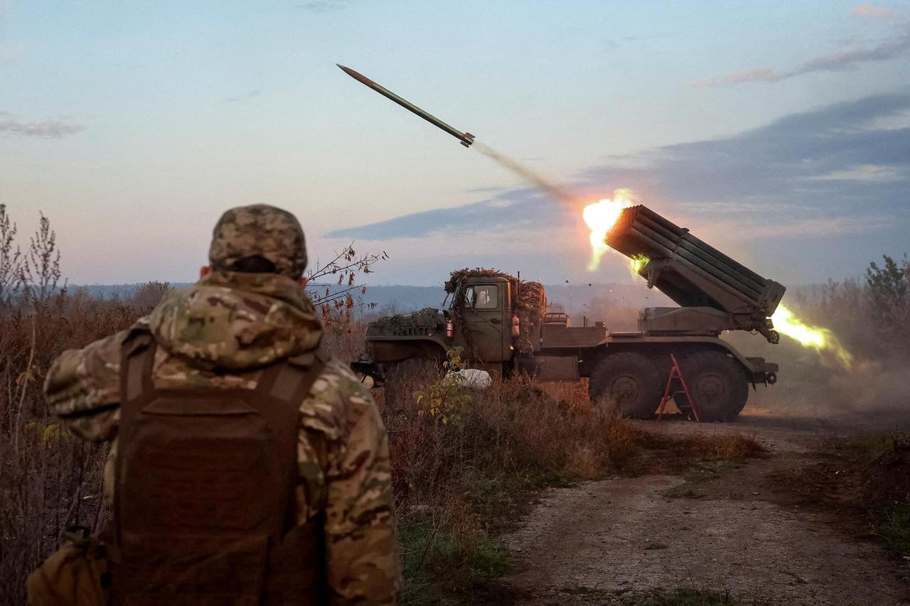 Ukrainian servicemen fire a Grad MLRS towards Russian troops near the frontline town of Kostiantynivka
