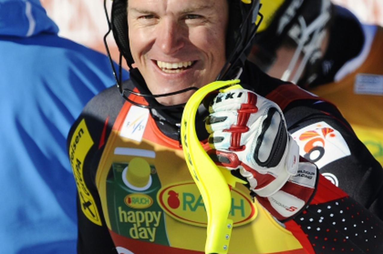 \'Ivica Kostelic of Croatia celebrates after winning the men\'s World Cup slalom in Beaver Creek, Colorado December 8, 2011. REUTERS/Ralph Lauer (UNITED STATES - Tags: SPORT SKIING)\'