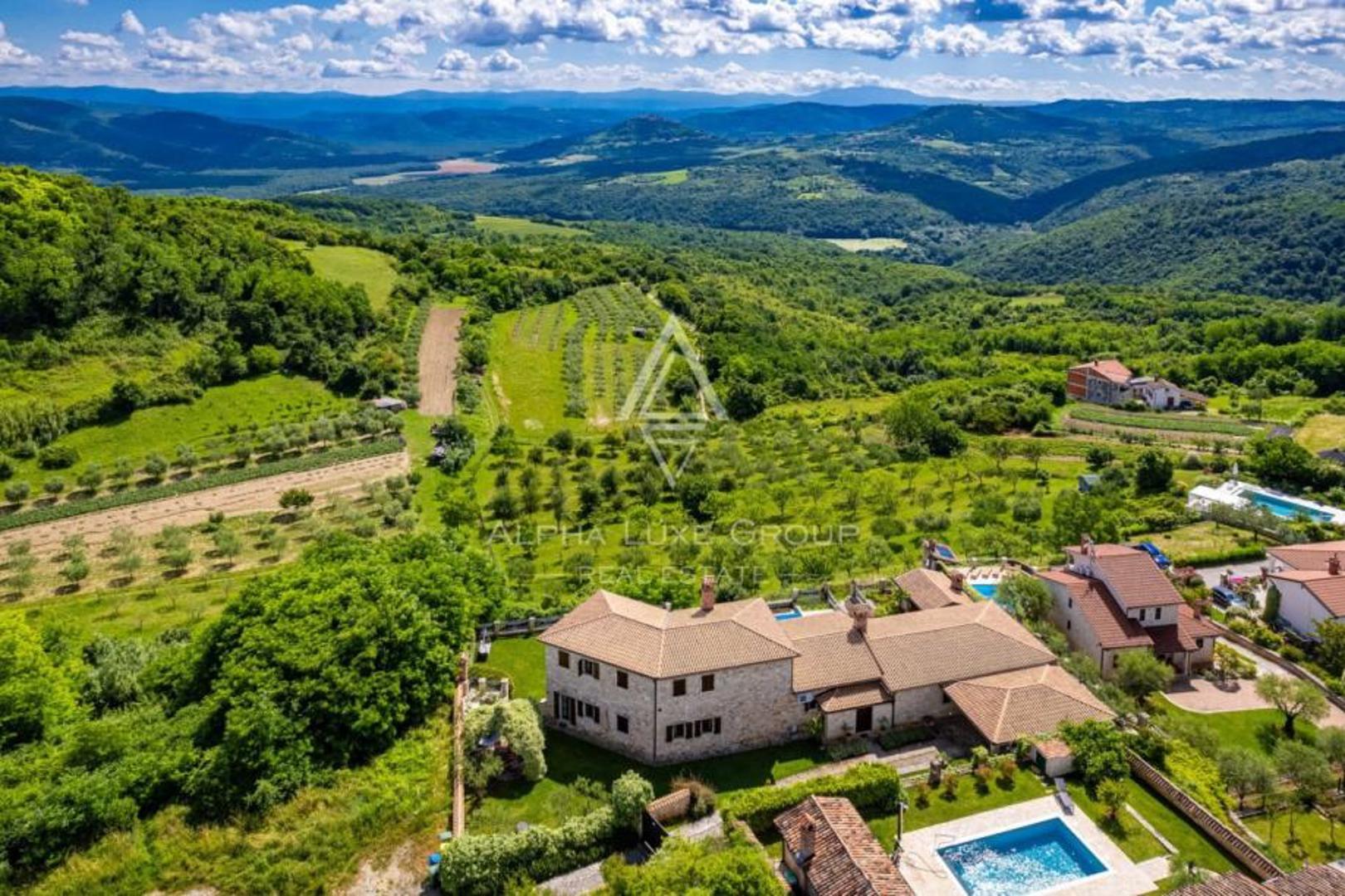 Vila ima lijepo i uređeni vrt s bazenom. S okućnice se pruža pogled na prirodu, maslinike i vinograde te na Motovun. Na okućnici se nalazi vanjska ljetna kuhinja, a u stražnjem dijelu dvorišta sjenica u zelenilu. Ovdje se još nalazi vanjski tuš i nadstrešnica gdje je smješten vanjski drveni stol i stolice. U vrtu koji ima navodnjavanje je zasađeno aromatično bilje kao što su menta, ružmarin, ruže i lavanda. Ispred vile se nalaze tri natkrivena parkirna mjesta. Cijena cijele nekretnine s okućnicom je 1.700.000 eura. 
