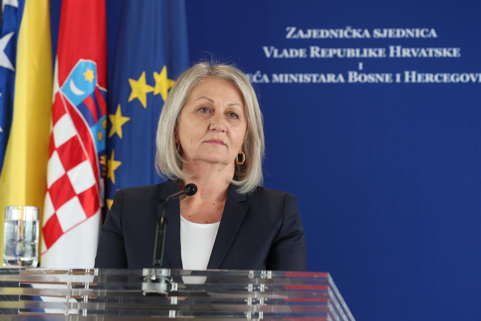 20.06.2023., Zagreb - Konferencija za medije nakon zajednicke sjednice Vlade Republike Hrvatske i Vijeca ministara Bosne i Hercegovine u Nacionalnoj i sveucilisnoj knjiznici. predsjedateljica Vijeca ministara BiH Borjana Kristo Photo: Matija Habljak/PIXSELL