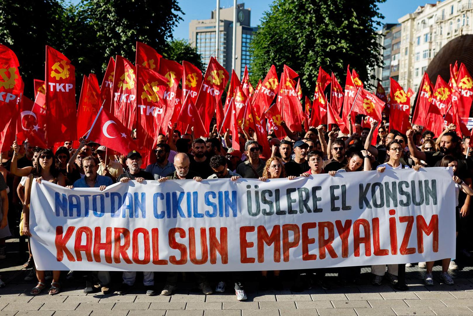 People carry a banner during a protest, ahead of NATO leaders' summit, in Istanbul, Turkey, July 5, 2026. REUTERS/Kemal Aslan Photo: KEMAL ASLAN/REUTERS