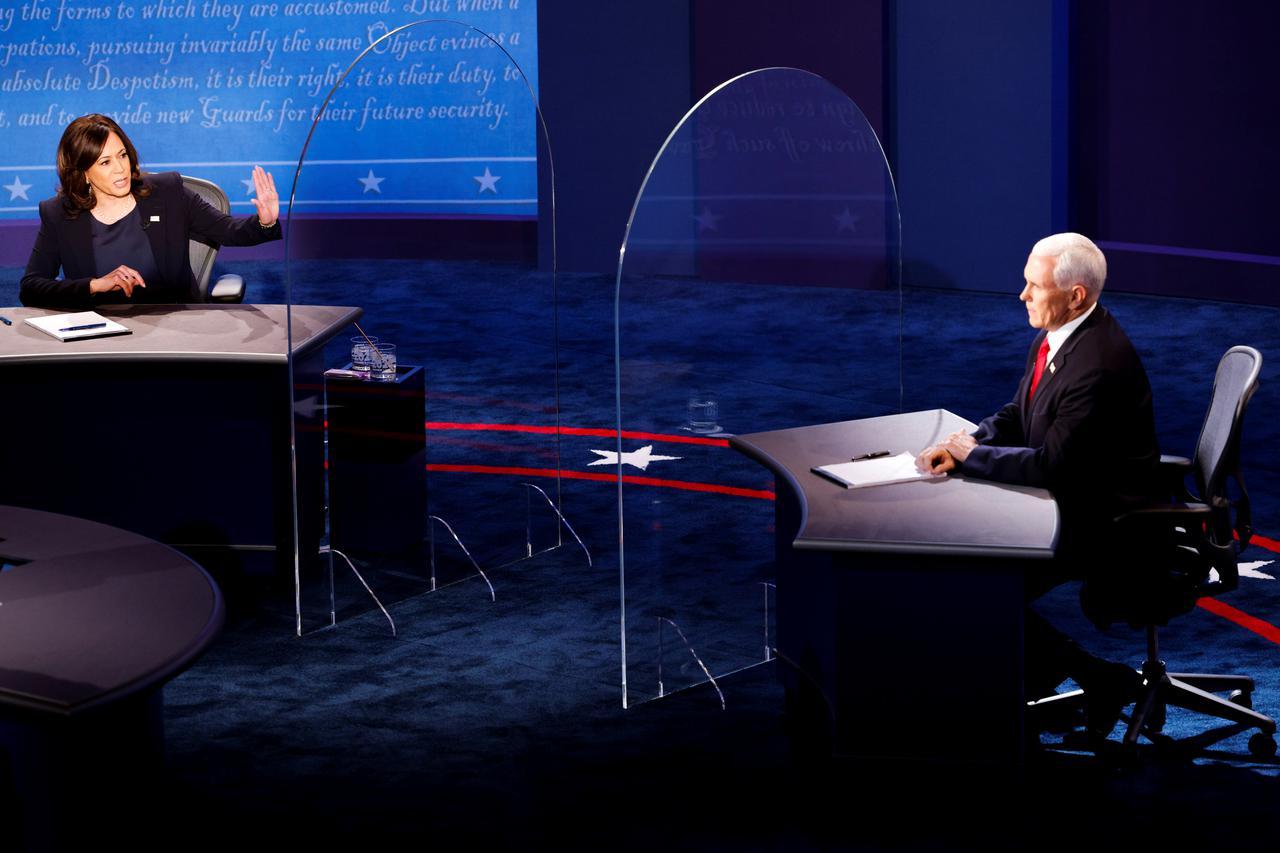 Democratic vice presidential nominee Senator Kamala Harris and U.S. Vice President Mike Pence participate in their 2020 vice presidential campaign debate in Salt Lake City