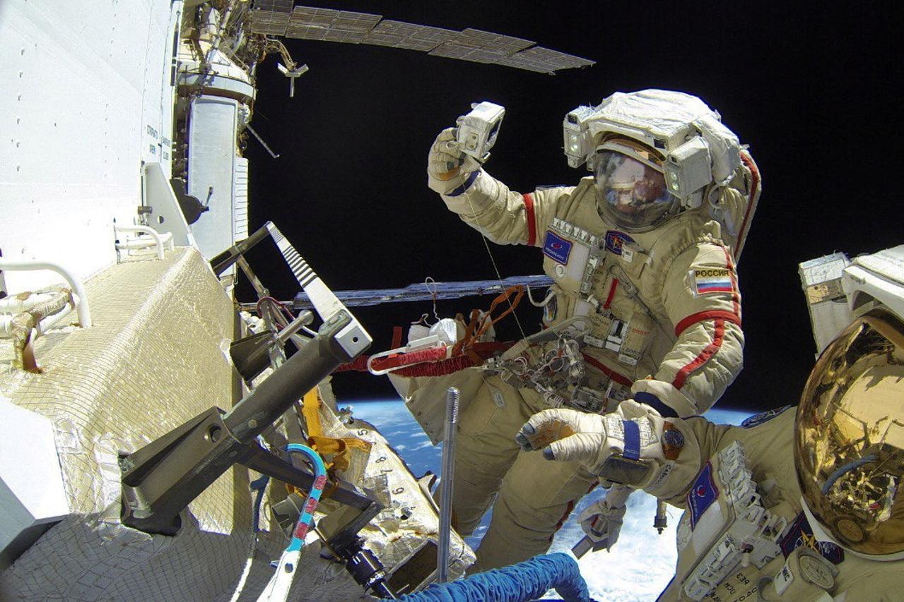 Roscosmos cosmonauts Sergey Prokopyev and Dmitry Petelin conduct a spacewalk outside ISS