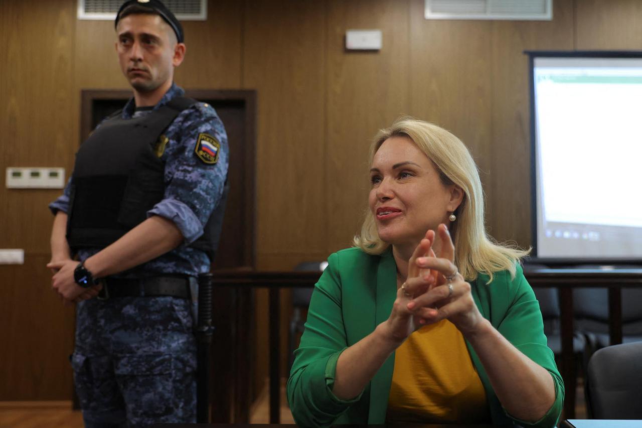 Former Russian state TV employee Marina Ovsyannikova attends a court hearing in Moscow