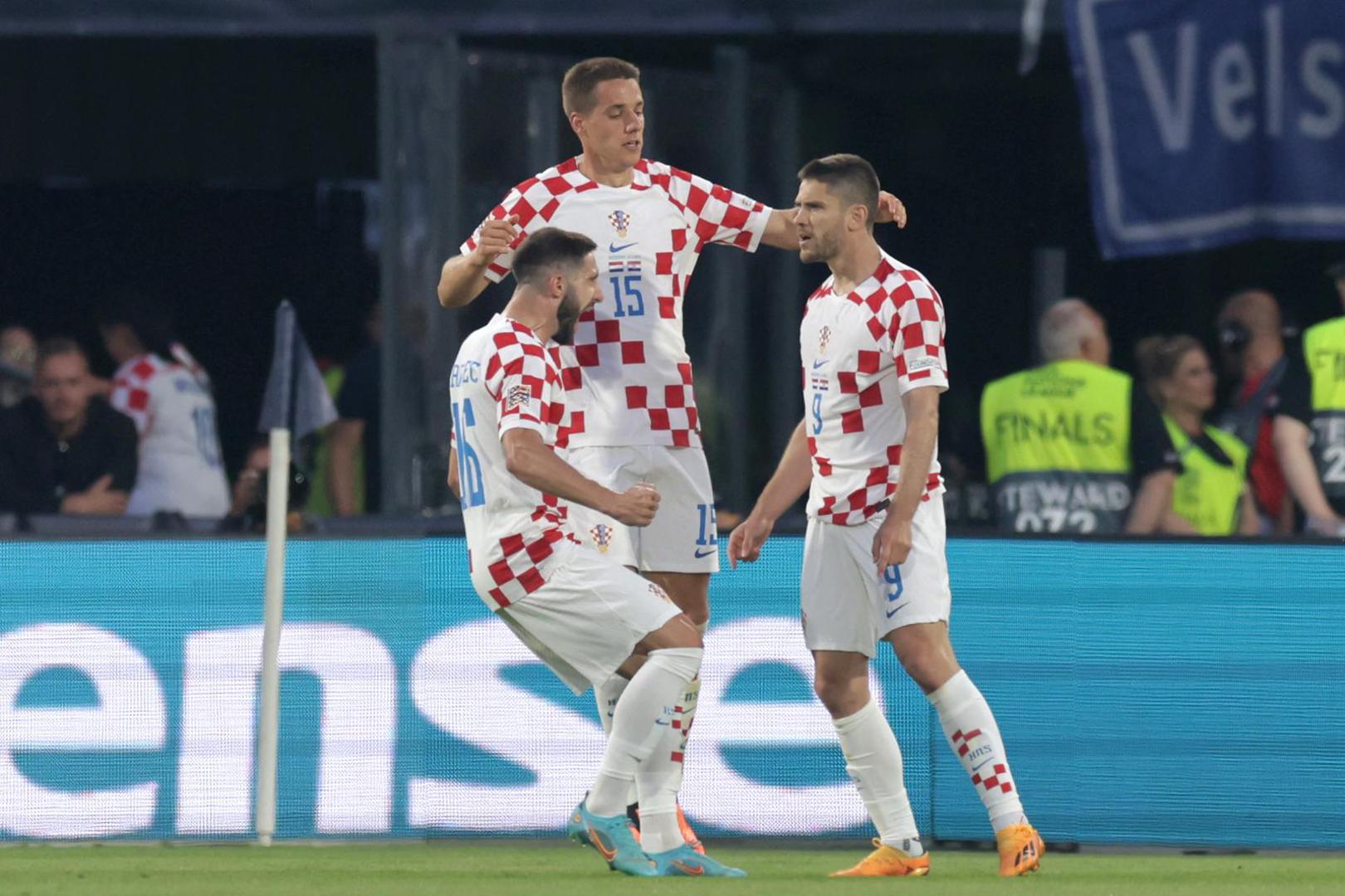 14.06.2023., stadion Feyenoord "De Kuip", Rotterdam, Nizozemska - UEFA Liga Nacija, polufinale, Nizozemska - Hrvatska. Nogometasi Hrvatske slave pogodak za 1:1. Photo: Luka Stanzl/PIXSELL