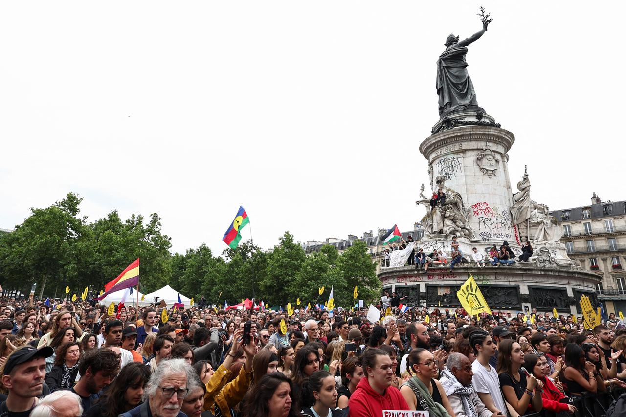 People protest against the French far-right Rassemblement National party, in Paris