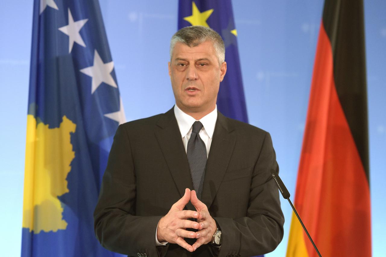 The Kosovan Foreign Minister Hashim Thaci answers a journalist's question during a short press conference in the Foreign Ministry in Berlin, Germany, 02 March 2015. Afterwards, Thaci and German Foreign Minister Frank-Walter Steinmeier withdrew for talks. 