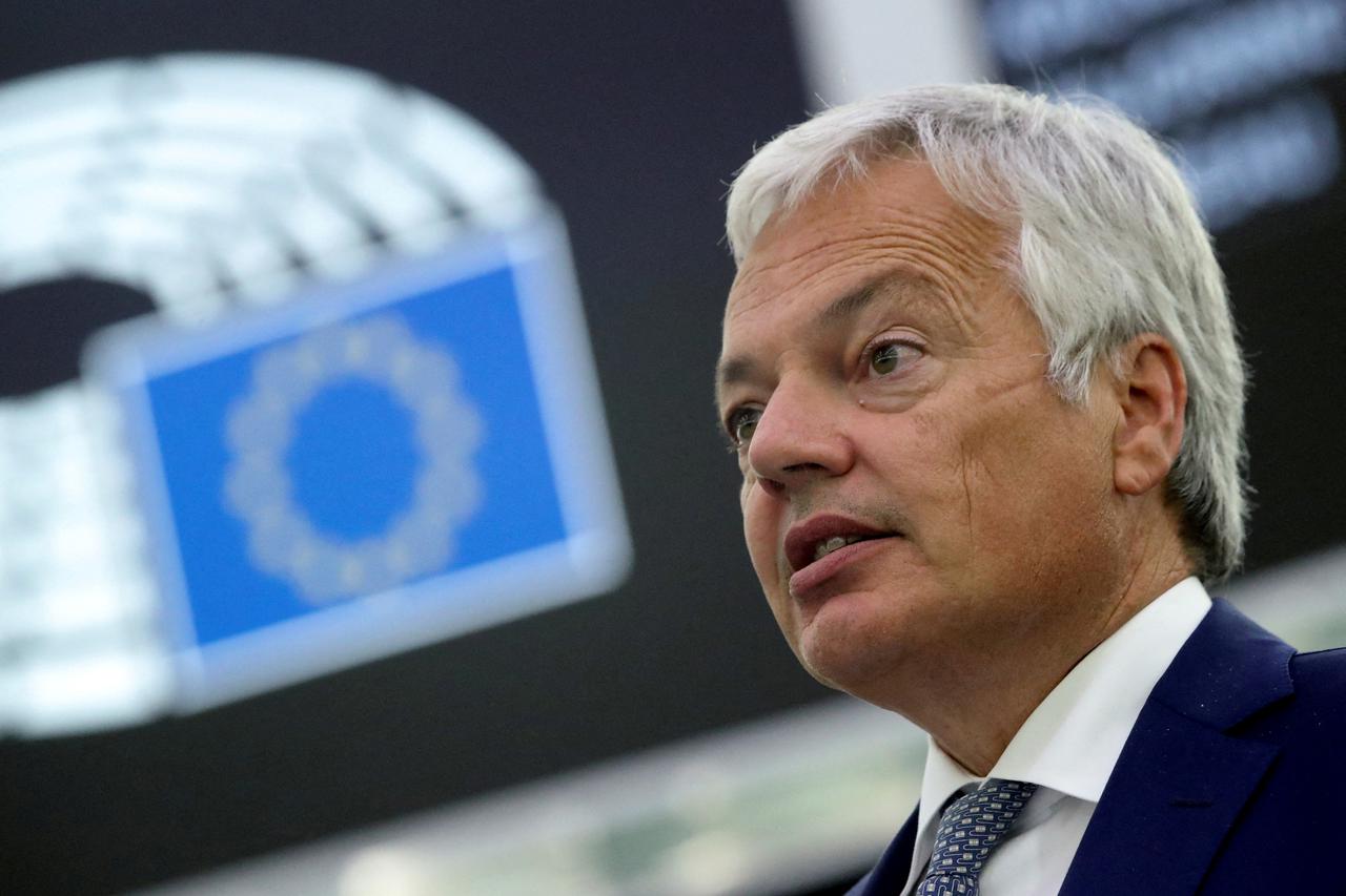 FILE PHOTO: European Justice Commissioner Didier Reynders addresses the European Parliament plenary session in Strasbourg, France September 15, 2021