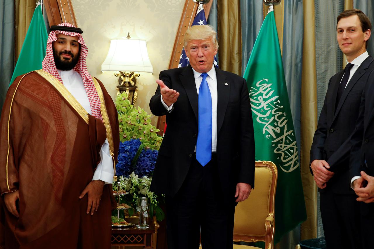 FILE PHOTO: U.S. President Donald Trump, flanked by White House senior advisor Jared Kushner, meets with Saudi Arabia's Deputy Crown Prince Mohammed bin Salman at the Ritz Carlton Hotel in Riyadh, Saudi Arabia May 20, 2017.