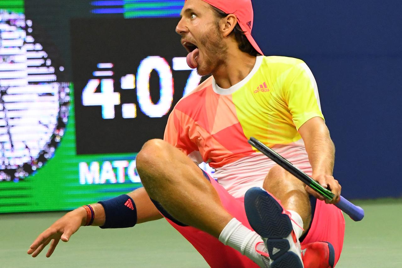 Sept 4, 2016; New York, NY, USA;     Lucas Pouille of France after beating Rafael Nadal of Spain on day seven of the 2016 U.S. Open tennis tournament at USTA Billie Jean King National Tennis Center. Mandatory Credit: Robert Deutsch-USA TODAY Sports