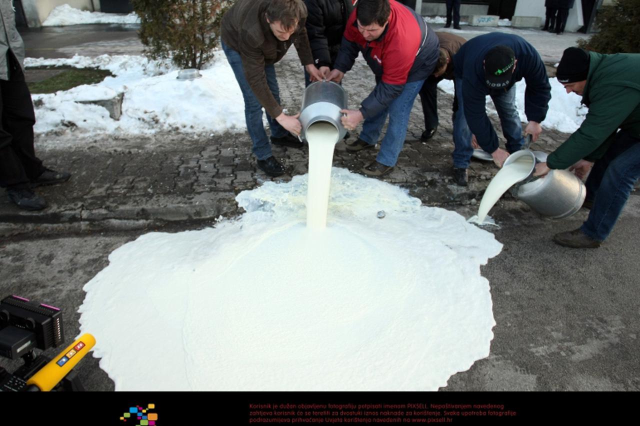 '16.02.2012., Vukovarska 78, Zagreb - Nezadovoljni otkupnom cijenom mlijeka seljaci su prolili vecu kolicinu mlijeka ispred ministarstva poljoprivrede. Photo: Sanjin Strukic/PIXSELL'