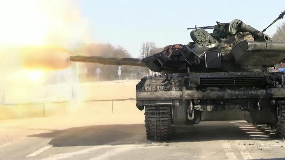 A tank fires amid Russia's ongoing invasion of Ukraine, in this still image taken from video released by the Ukrainian Armed Forces that it says shows the frontline near Kharkiv
