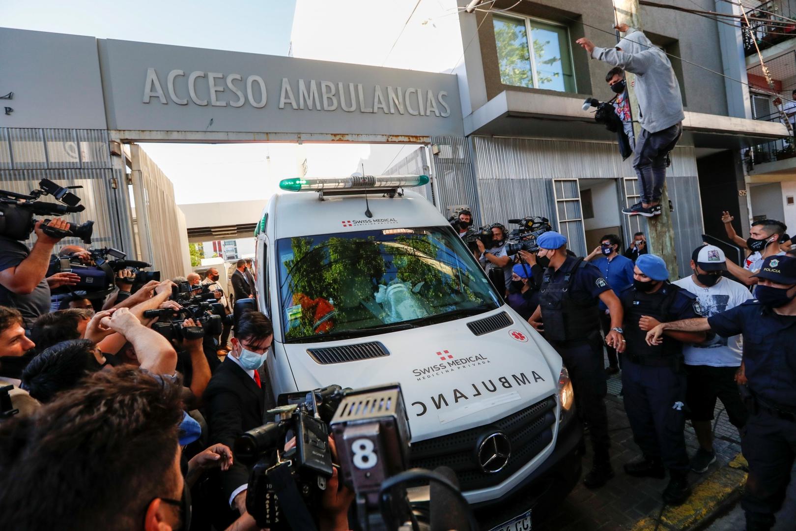 An ambulance carrying Diego Maradona leaves the clinic where Maradona underwent brain surgery, in Olivos An ambulance carrying Argentine soccer great Diego Maradona leaves the clinic where Maradona underwent brain surgery, in Olivos, on the outskirts of Buenos Aires, Argentina November 11, 2020. REUTERS/Agustin Marcarian AGUSTIN MARCARIAN