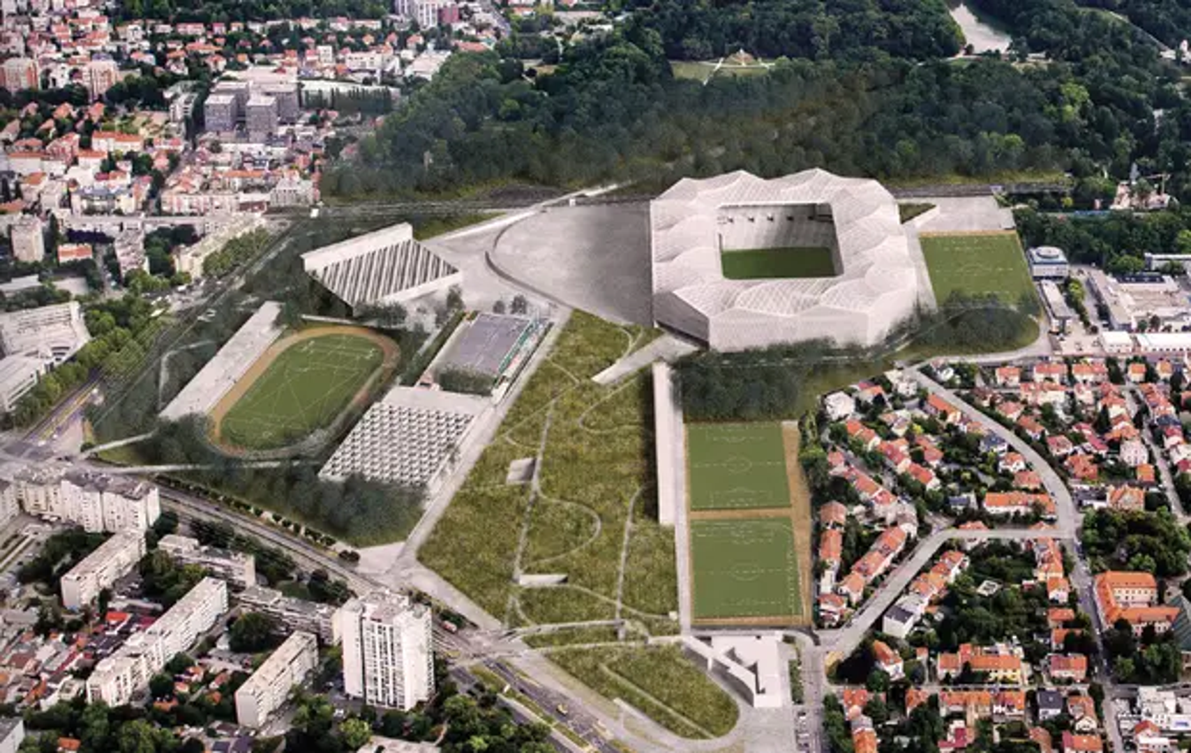 Ponavljanje trapezoidnih konstruktivnih modula oblikuje stadion kao nepravilni kontinuirani prsten čija dijagonalna mreža istodobno nosi krov i određuje izgled pročelja. Naborana ovojnica obavija kompaktnu tribinsku zdjelu, dok sjeverni trg u obliku kapi i južni povišeni krajobraz omogućuju pristup na dvije razine. U anketnom dijelu sportske građevine postavljene su kao izdvojeni paviljoni unutar „polja u šumi”, povezana ozelenjenim krovom iznad garaže, livadama i infrastrukturnom osi prema Borongaju.