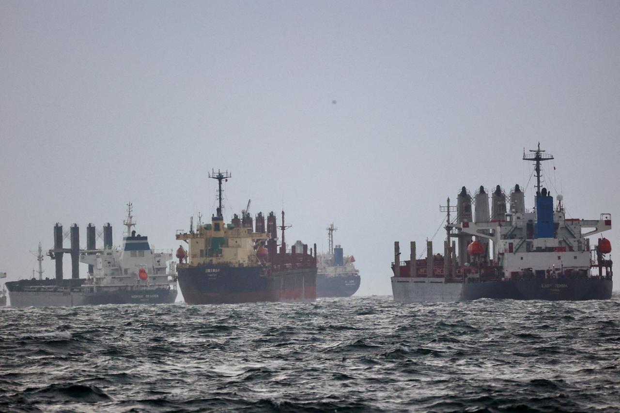FILE PHOTO: Vessels are seen as they wait for inspection under UN's Black Sea Grain Initiative in the southern anchorage of the Bosphorus in Istanbul