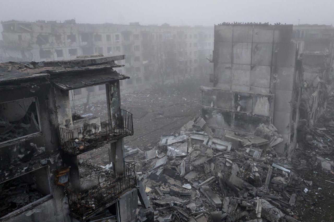 A drone view of apartment buildings damaged by Russian military strike in the frontline town of Kostiantynivka