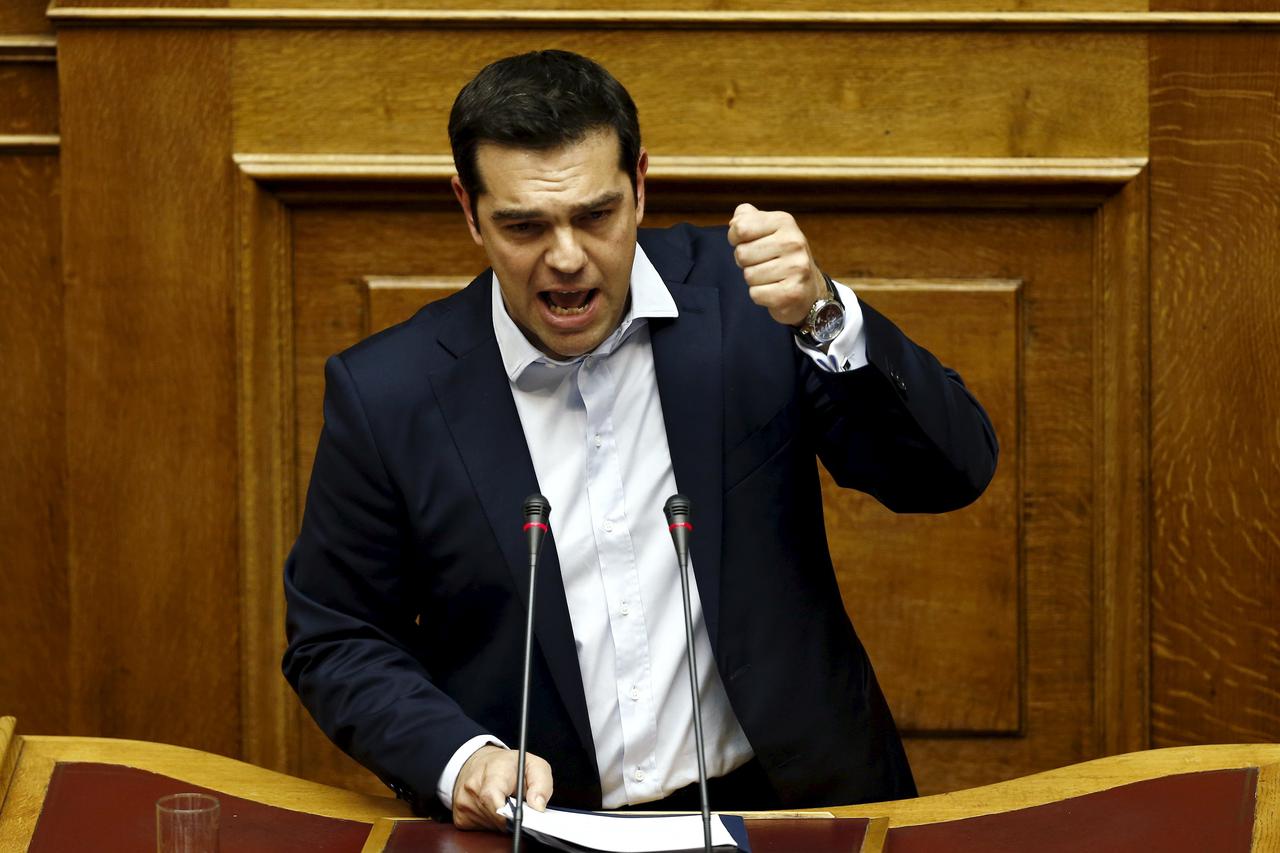 Greek Prime Minister Alexis Tsipras speaks during a parliamentary session in Athens, Greece June 28, 2015. Greek Prime Minister Alexis Tsipras called a referendum on austerity demands from foreign creditors on Saturday, rejecting an 