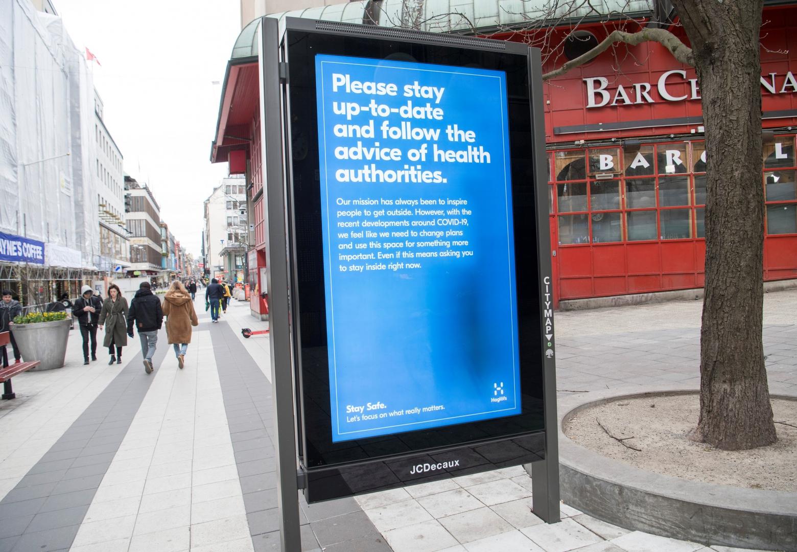 A billboard with information about coronavirus is seen, in a street with less pedestrian traffic than usual as a result of the coronavirus disease (COVID-19) outbreak in Stockholm A billboard with information about coronavirus is seen, in a street with less pedestrian traffic than usual as a result of the coronavirus disease (COVID-19) outbreak in Stockholm, Sweden April 1, 2020. TT News Agency/Fredrik Sandberg via REUTERS      ATTENTION EDITORS - THIS IMAGE WAS PROVIDED BY A THIRD PARTY. SWEDEN OUT. NO COMMERCIAL OR EDITORIAL SALES IN SWEDEN. TT NEWS AGENCY