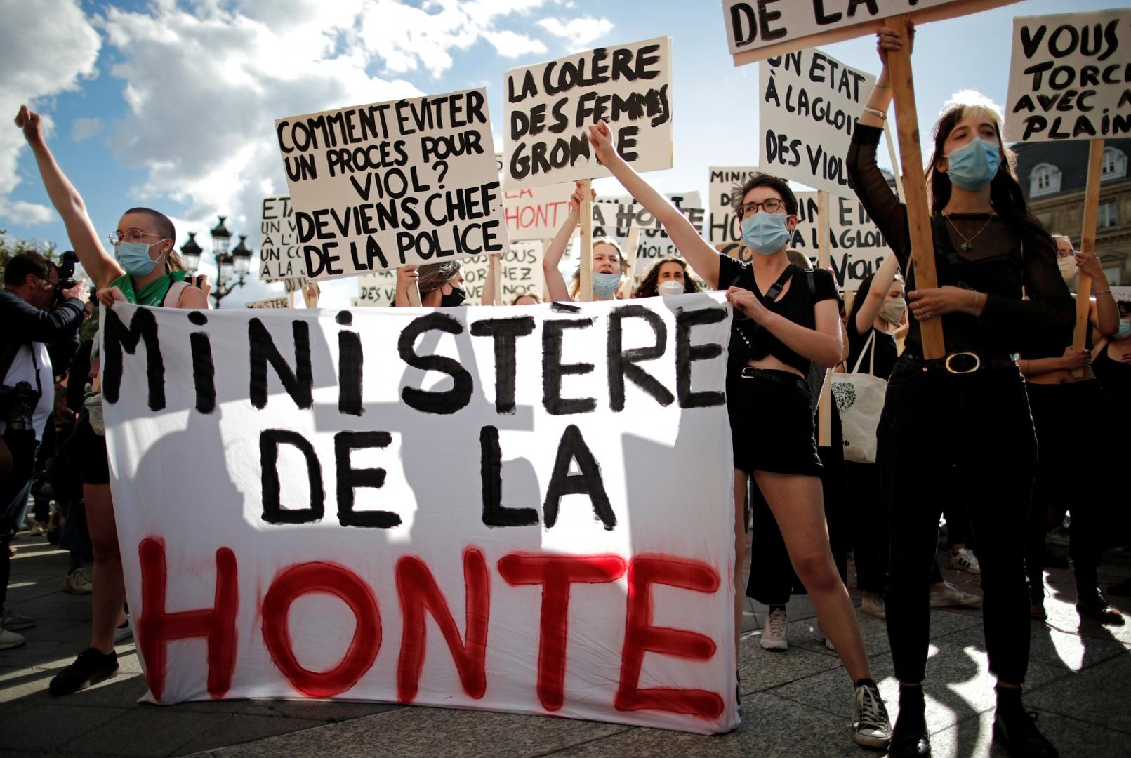 Feminist activists demonstrate against new government appointments in Paris Feminist activists hold a banner reading "Ministry of shame" during a demonstration against the appointments of French Interior Minister Gerald Darmanin and Justice Minister Eric Dupond-Moretti in the new French government, in front of the city hall in Paris, France, July 10, 2020. REUTERS/Benoit Tessier BENOIT TESSIER