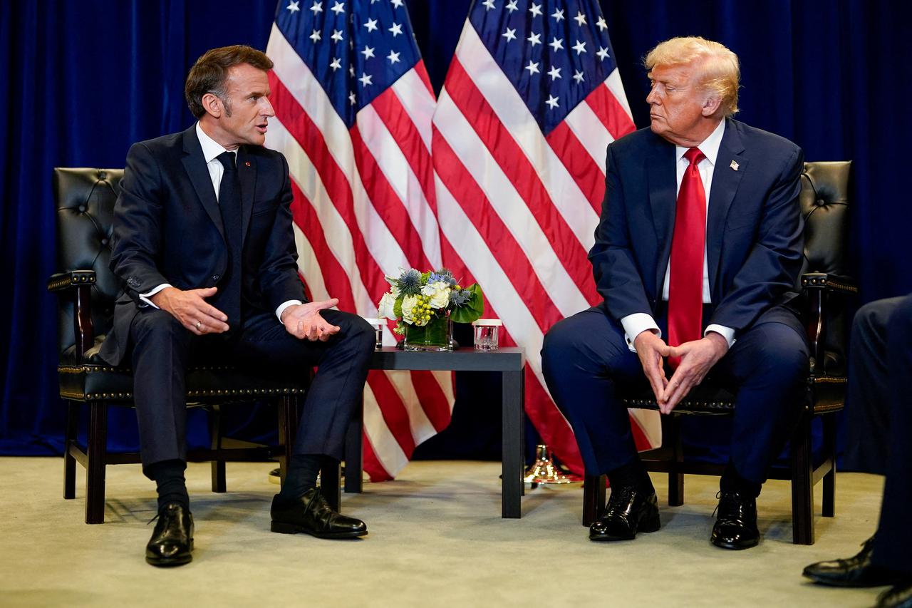 FILE PHOTO: U.S. President Trump and French President Macron meet during the 80th United Nations General Assembly, in New York City