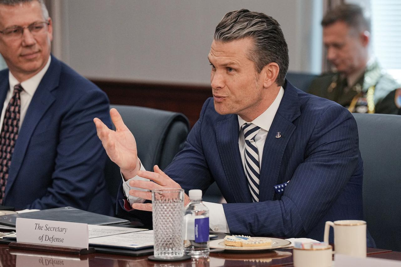 U.S. Defense Secretary Pete Hegseth welcomes El Salvador Defense Minister Rene Merino Monroy at the Pentagon in Washington