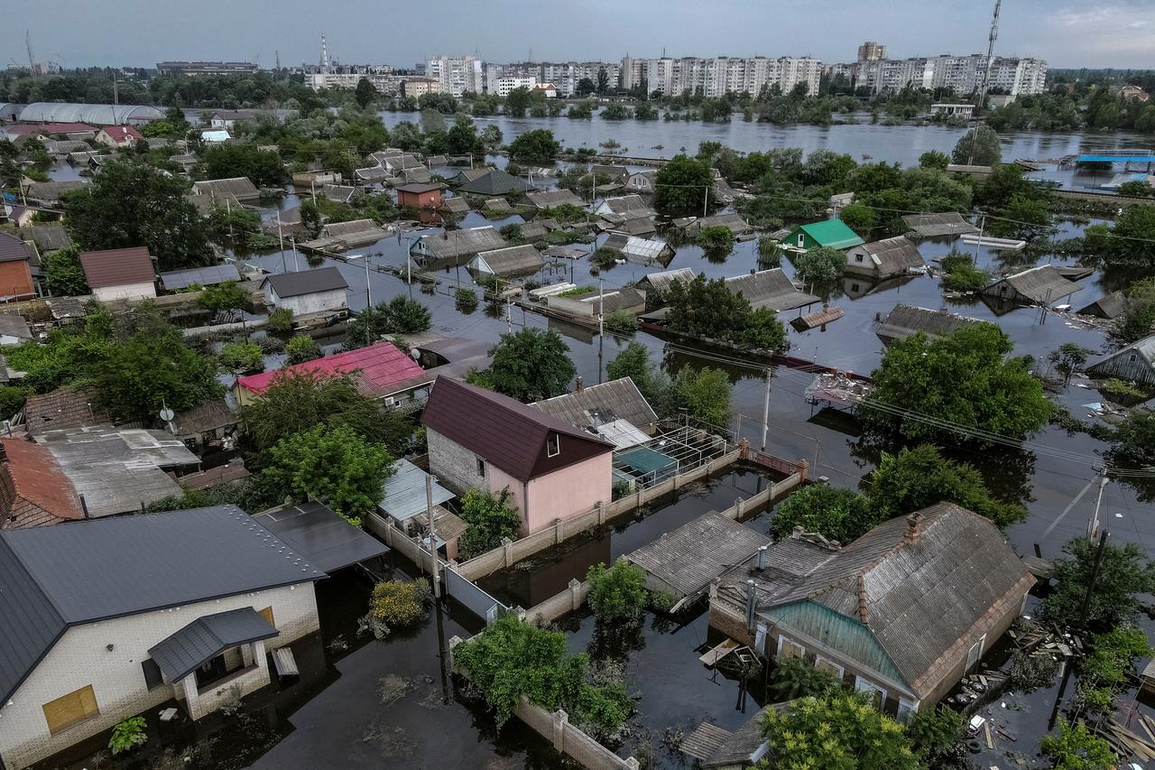 FILE PHOTO: An aerial view shows a flooded area after the Nova Kakhovka dam breached in Kherson
