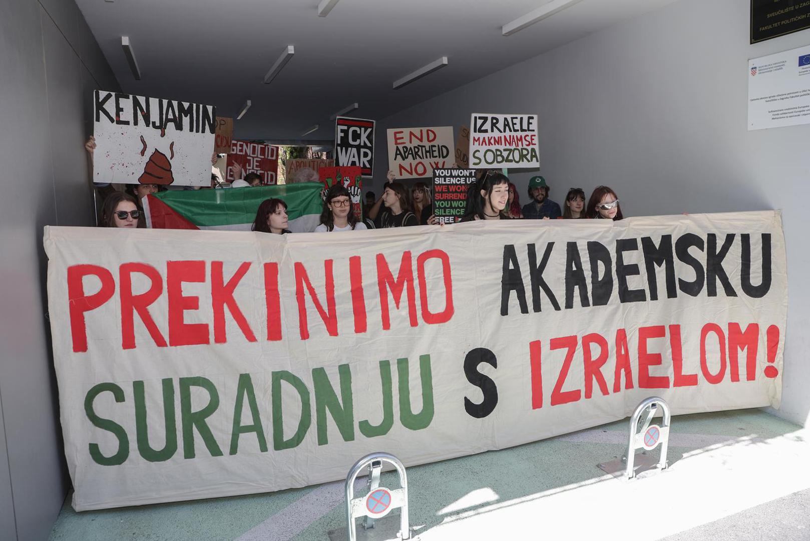 24.04.2026., Zagreb - Zbog posjeta u tajnosti Idda Netanyahua, brata izraelskog premijera, klub studenata organizirao je prosvjed u suradnji sa drugim organizacijama i skupinama ispred Fakulteta politickih znanosti u Lepusicevoj ulici.  Photo: Marko Seper/PIXSELL