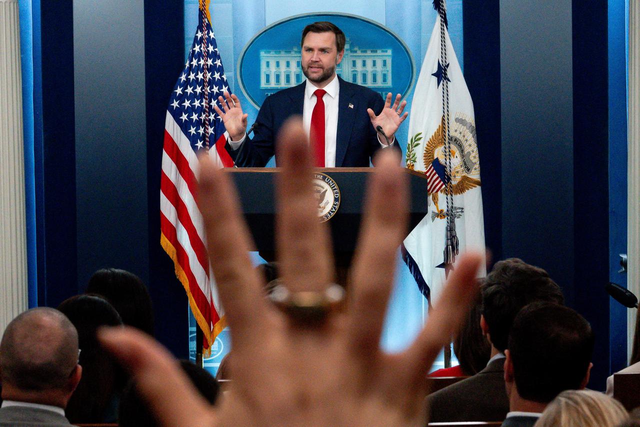 FILE PHOTO: U.S. Vice President JD Vance holds a press briefing at the White House in Washington