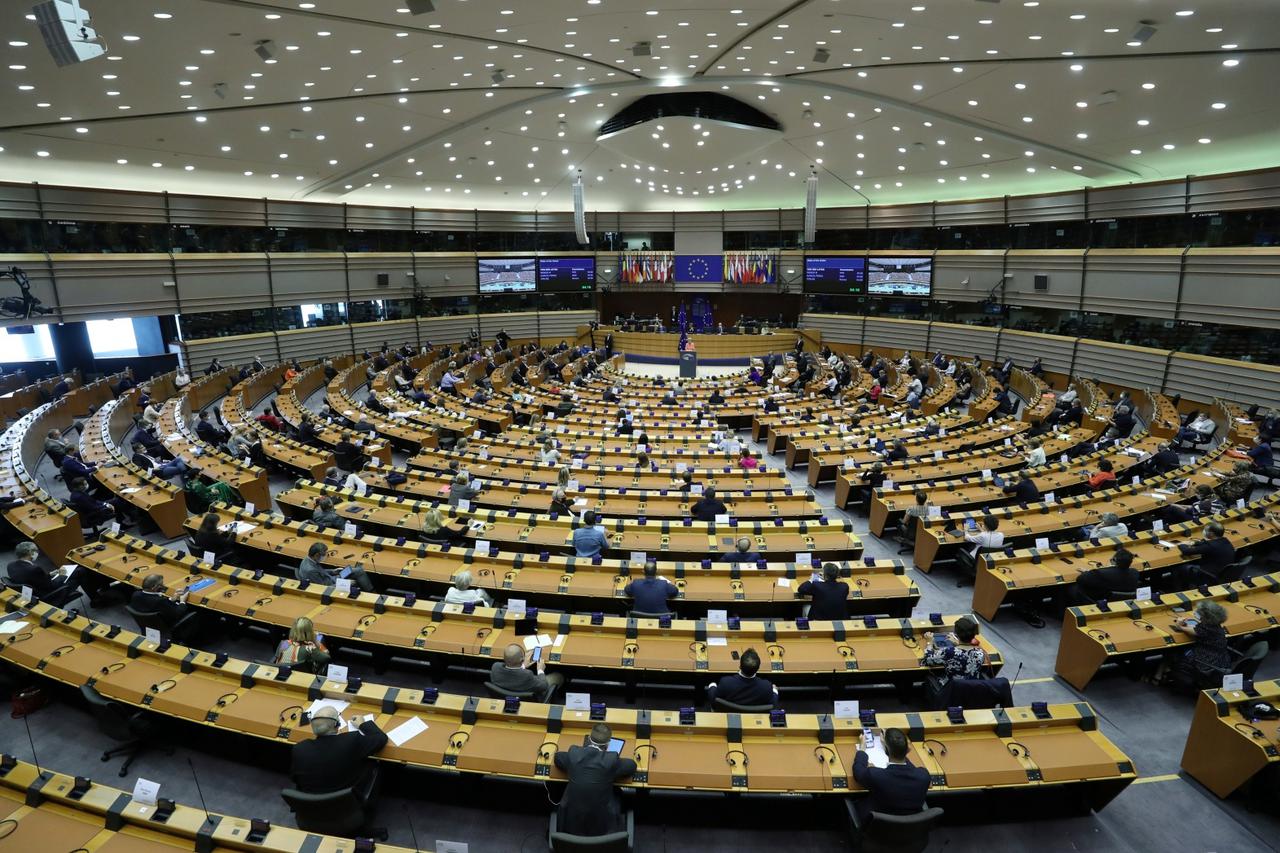 A general view shows as  European Commission President Ursula von der Leyen addresses her first State of the European Union speech during a plenary session of the European Parliament, in Brussels