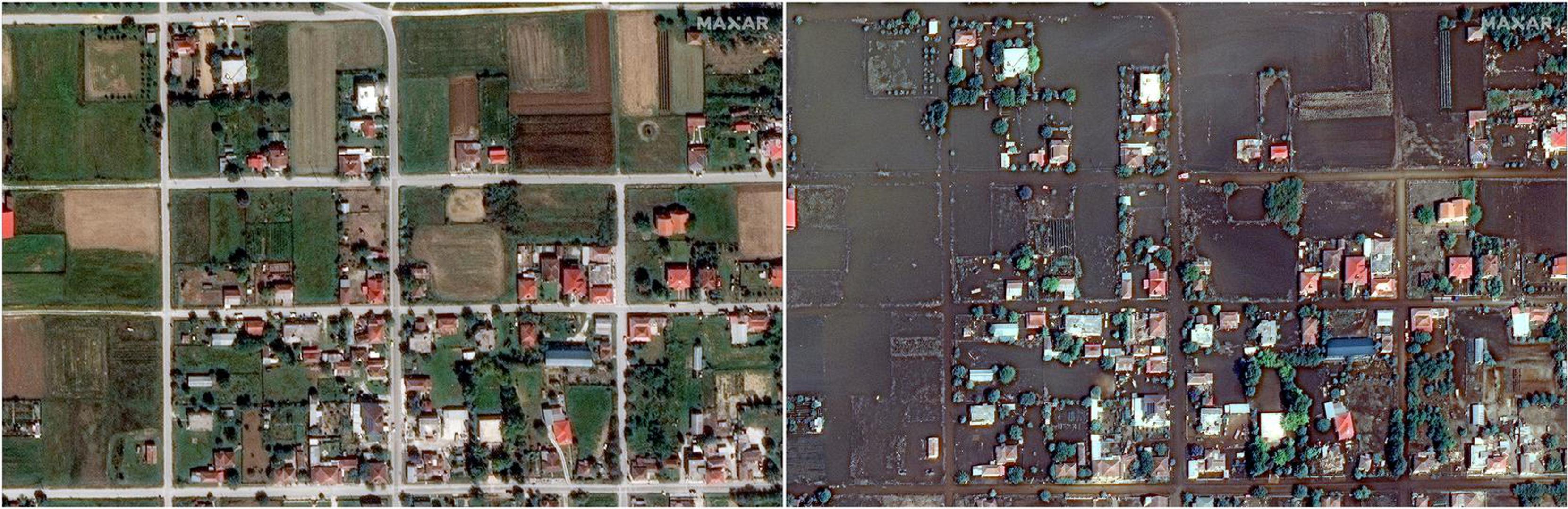 A combination picture shows satellite views of homes and roads before (L) and after floods, east of Palamas, Greece, September 2022 and 2023. Maxar Technologies/Handout via REUTERS THIS IMAGE HAS BEEN SUPPLIED BY A THIRD PARTY. NO RESALES. NO ARCHIVES. MANDATORY CREDIT. DO NOT OBSCURE LOGO. Photo: MAXAR TECHNOLOGIES/REUTERS