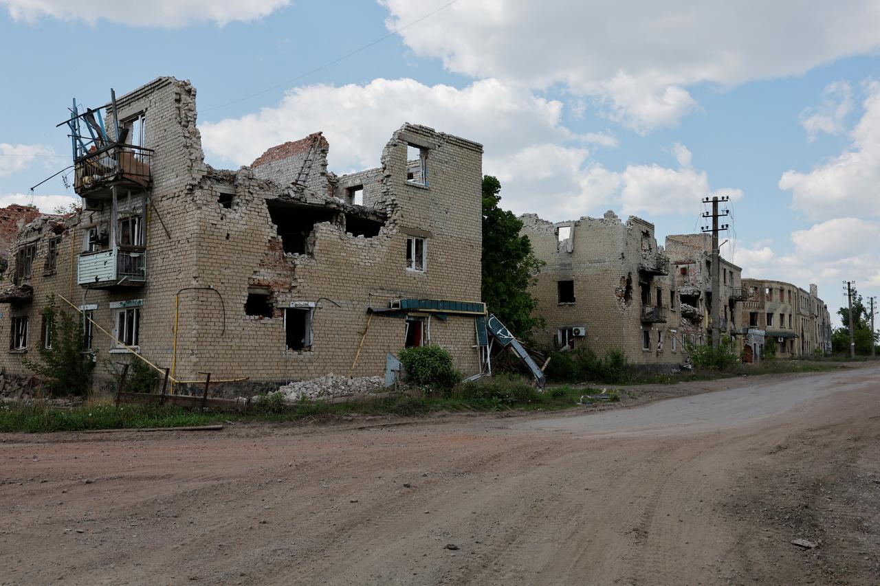 A view shows destroyed apartment blocks in Popasna