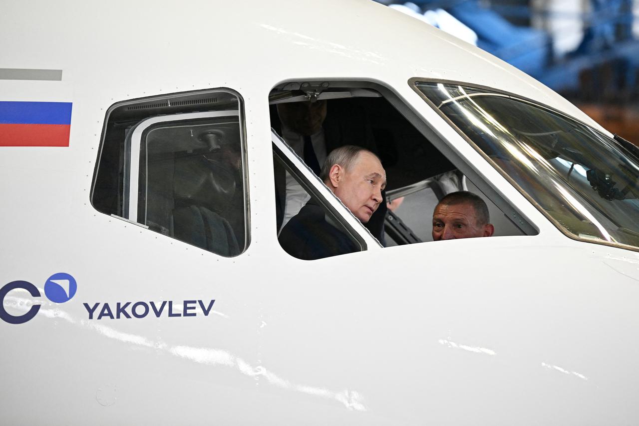 Russia's President Putin visits a flight research institute in Zhukovsky