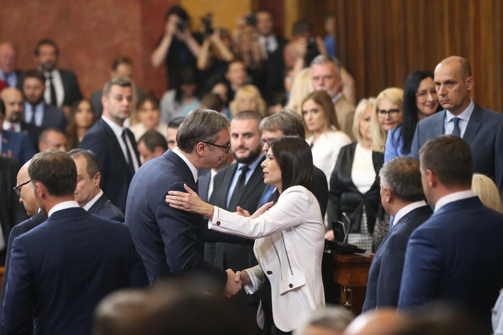02, May, 2024, Belgrade - The Prime Minister of the Republic of Serbia, Milos Vucevic, and the ministers took the oath in the Assembly of the Republic of Serbia, and with that, their mandate officially began. Aleksandar Vucic, Irena Vujovic. Photo: F.S./ATAImages02, maj, 2024, Beograd - Predsednik Vlade Republike Srbije Milos Vucevic i ministri polozili su zakletvu u Skupstini Republike Srbije, a time je poceo i zvanicno da im tece mandat. Photo: F.S./ATAImages Photo: F.S./ATAImages/PIXSELL