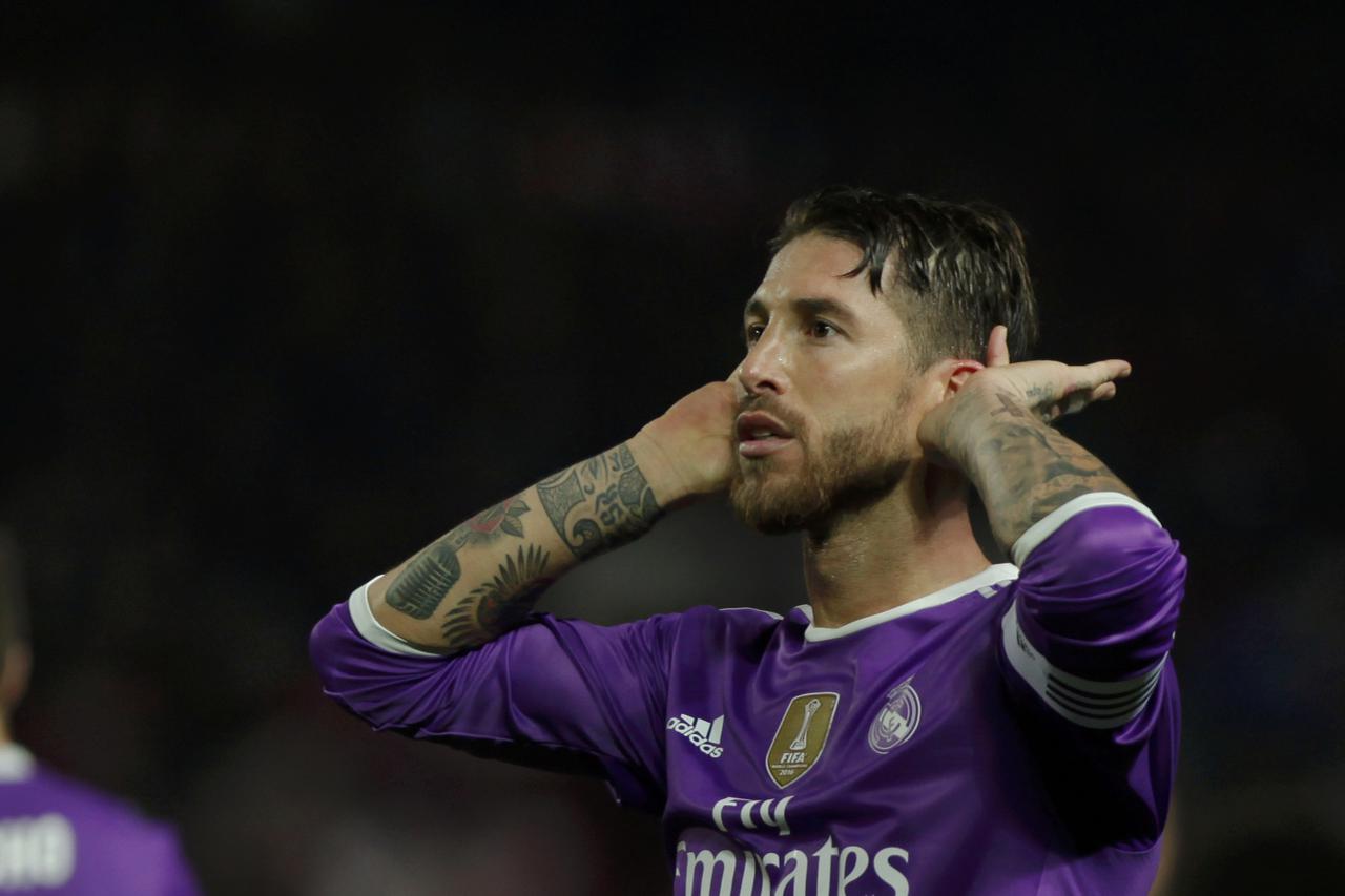 Football Soccer - Sevilla v Real Madrid - Spanish King's Cup - Ramon Sanchez Pizjuan stadium, Seville, Spain - 12/01/17  Real Madrid's Sergio Ramos celebrates after scoring his first goal. REUTERS/Jon Nazca