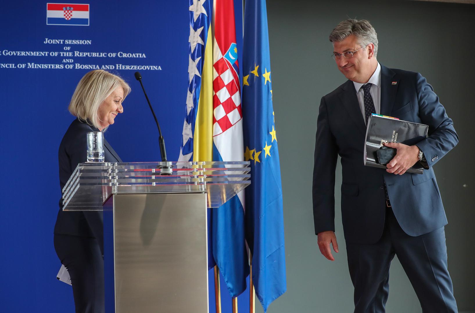 20.06.2023., Zagreb - Konferencija za medije nakon zajednicke sjednice Vlade Republike Hrvatske i Vijeca ministara Bosne i Hercegovine u Nacionalnoj i sveucilisnoj knjiznici. predsjedateljica Vijeca ministara BiH Borjana Kristo, predsjednik Vlade RH Andrej Plenkovic Photo: Matija Habljak/PIXSELL