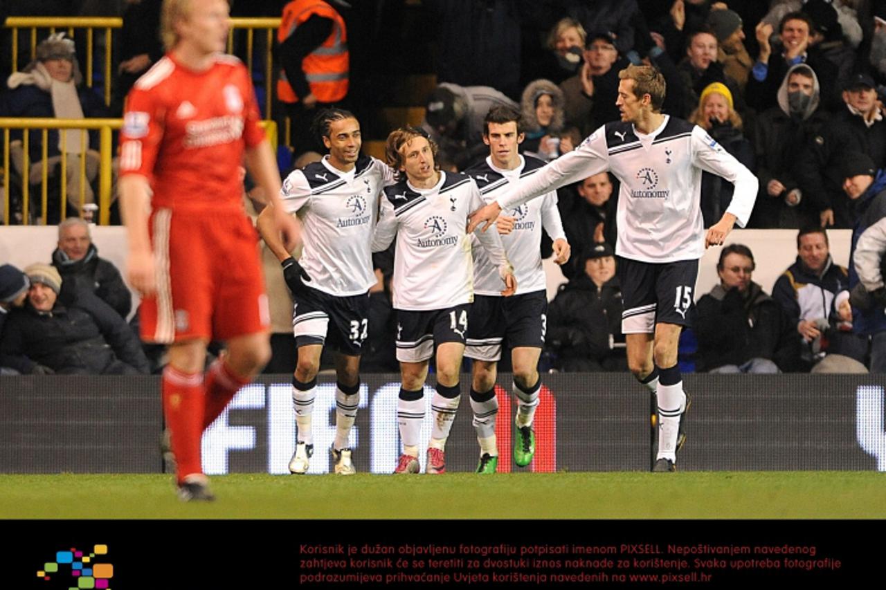 'Tottenham Hotspur\'s Luka Modric (centre) celebrates after his cross was turned in for an own goal Photo: Press Association/Pixsell'