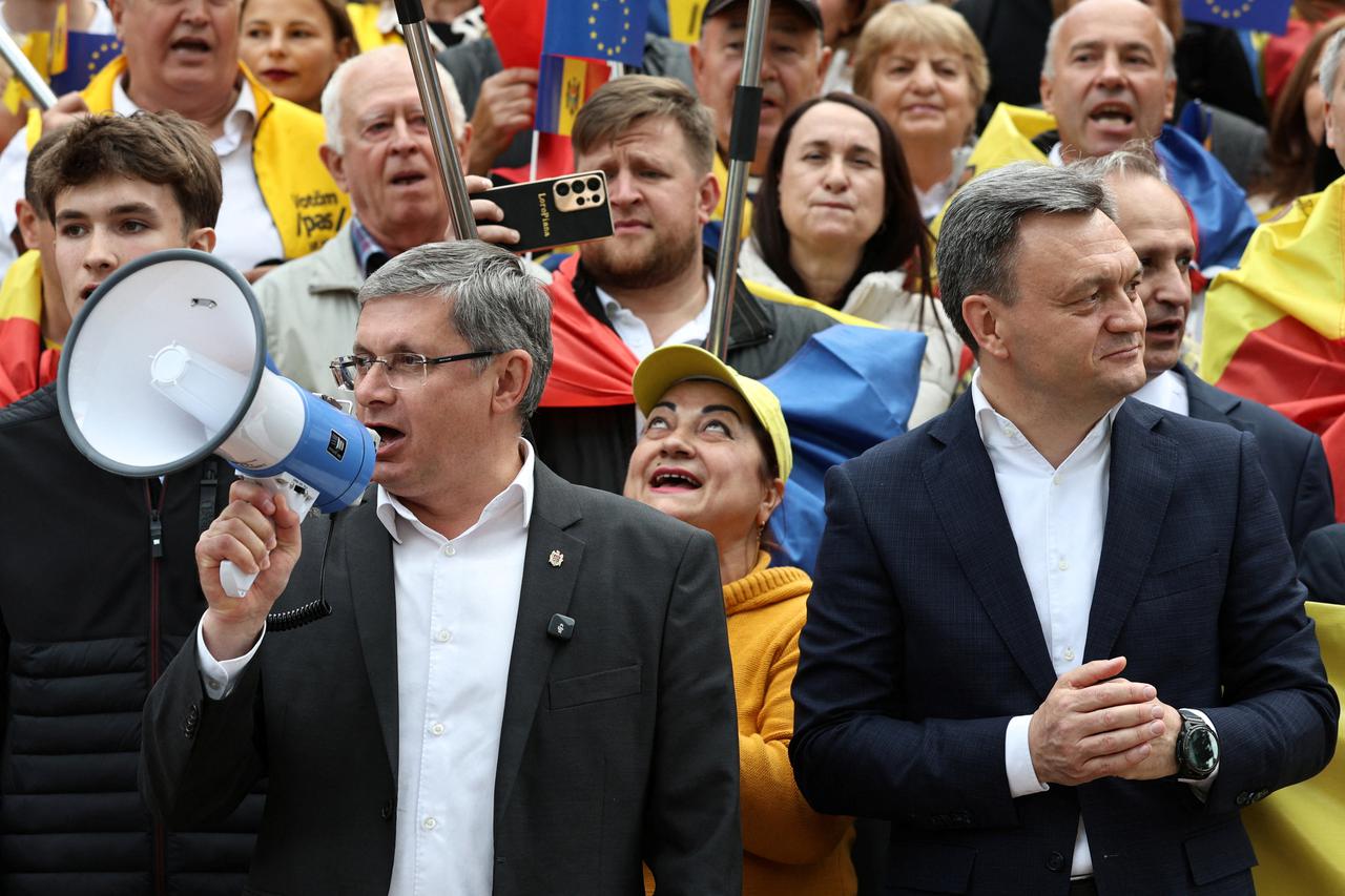 Supporters of Moldova's pro-European Party of Action and Solidarity (PAS) hold a rally in Chisinau
