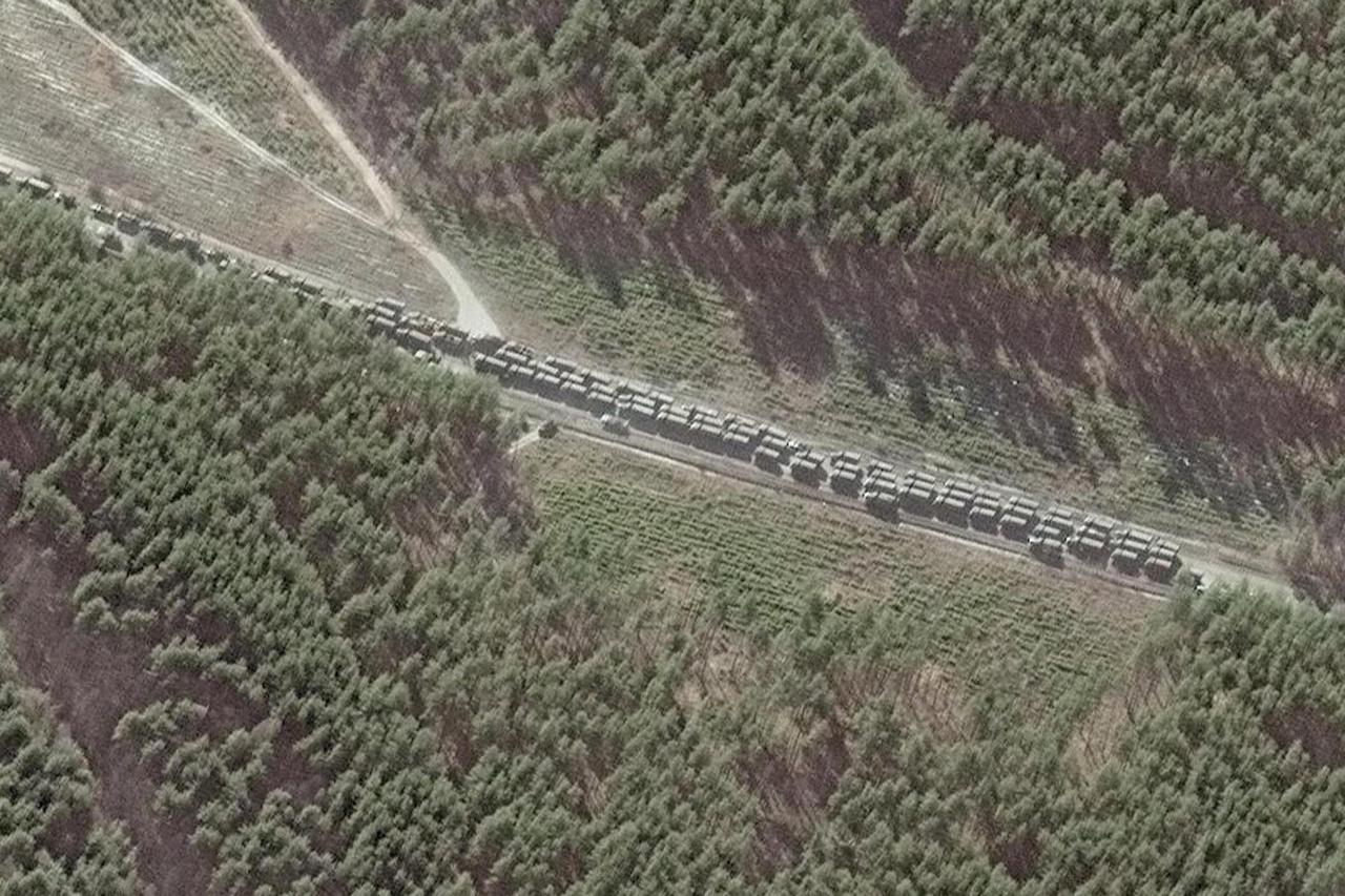 A satellite image shows northern end of convoy logistics and resupply vehicles, southeast of Ivankiv