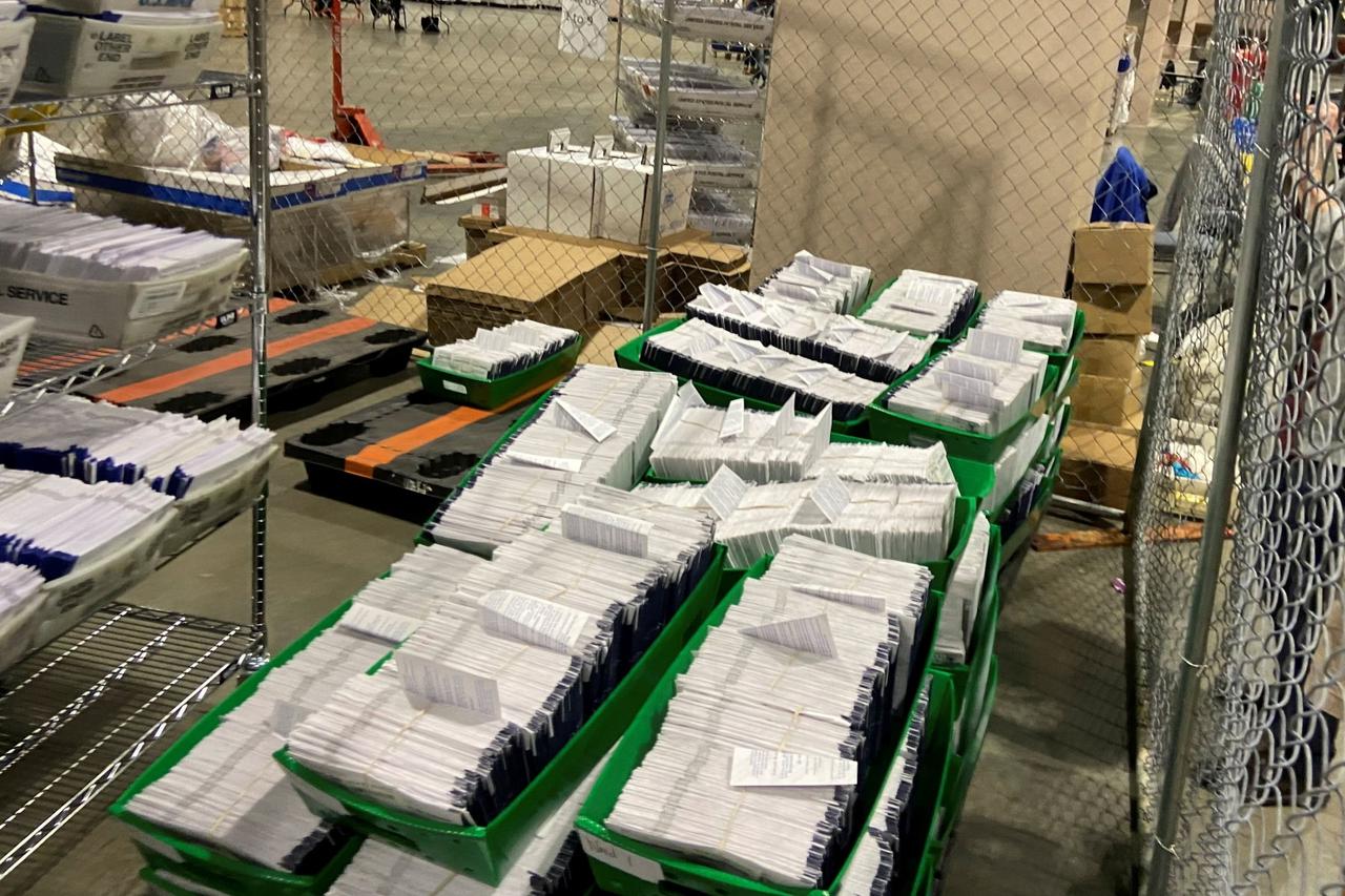 Mailed election ballots are stored before counting at the Philadelphia Convention Center in Philadelphia
