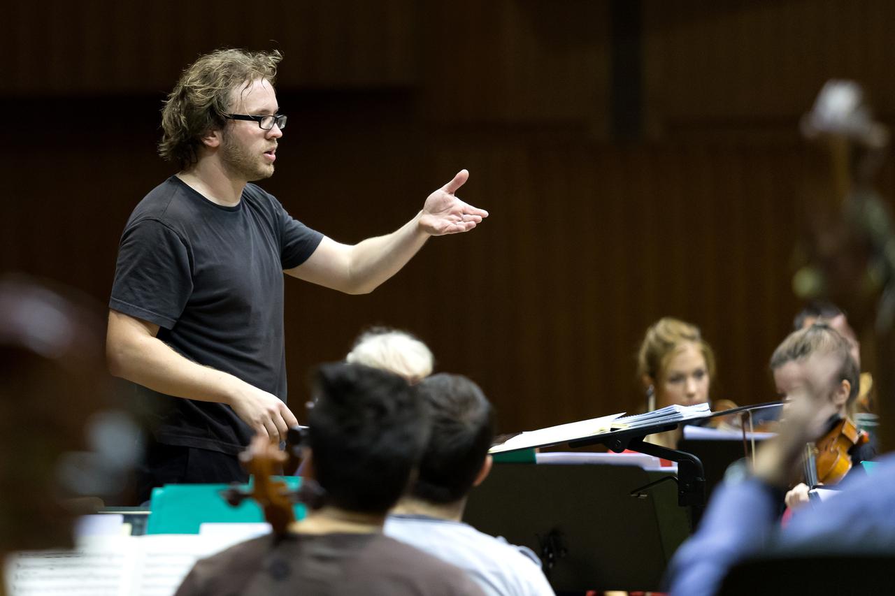 25.09.2014., Zagreb, KD Vatroslav Lisinski -  Dirigent David Danzmayr i pijanistica Elena Baskirova na probi sa Zagrebackom filharmonijom za koncert otvorenja sezone.   Photo: Davor Puklavec/PIXSELL