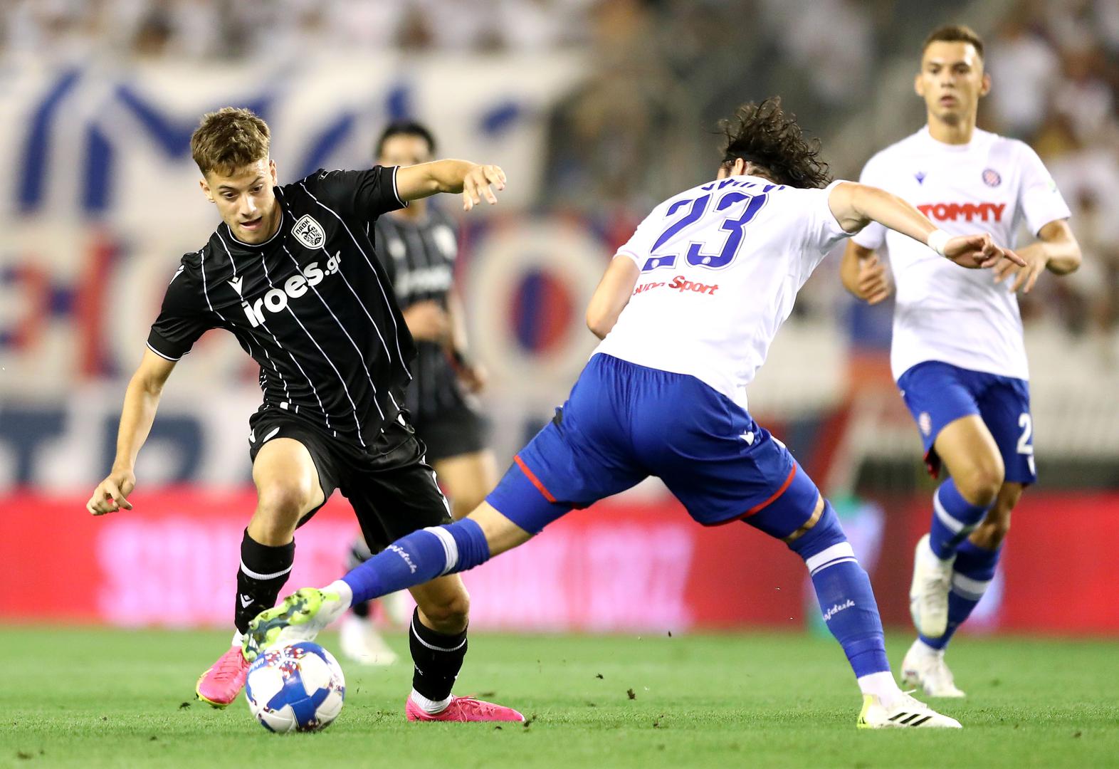 10.08.2023., stadion Poljud, Split - Prva utakmica 3. pretkola UEFA Konferencijske lige, HNK Hajduk - PAOK.  Ioannis Konstantelias, Filip Krovinovic Photo: Matija Habljak/PIXSELL