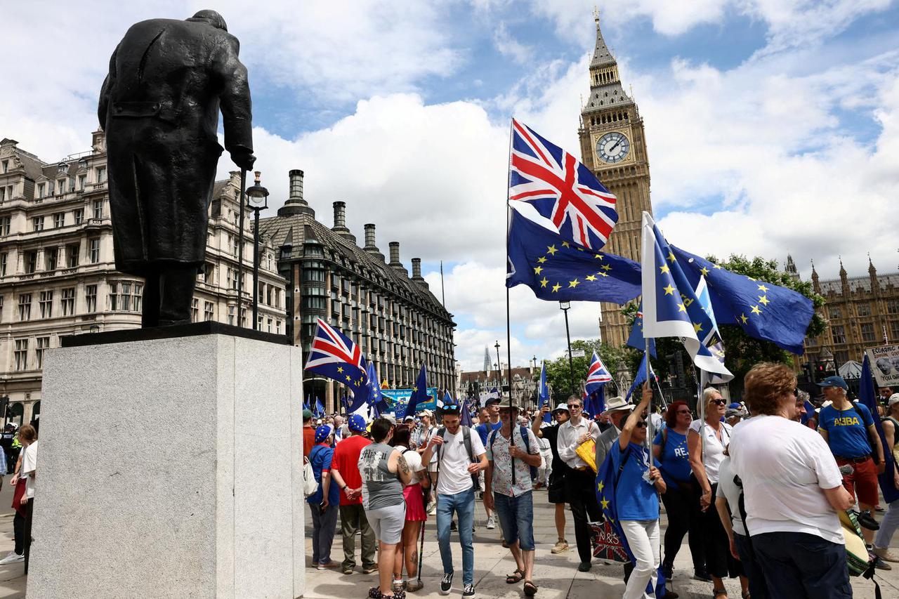 People gather for National Rejoin March to mark 10 years since Brexit referendum, in London